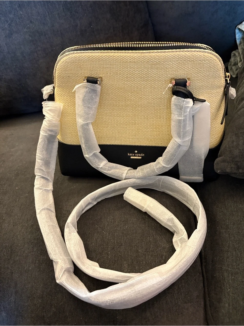 kate spade Cream Straw and Black Leather Satchel